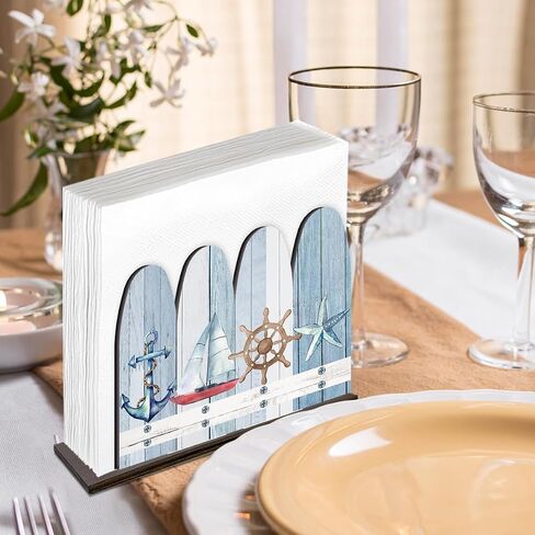 Summer Coastal Napkin Holder Beach Home Decor Rustic Nautical Anchor Sailboat Wheel Starfish Wooden Napkin Holder for Coastal Beach House Room Kitchen Bathroom Decorations in Kuwait