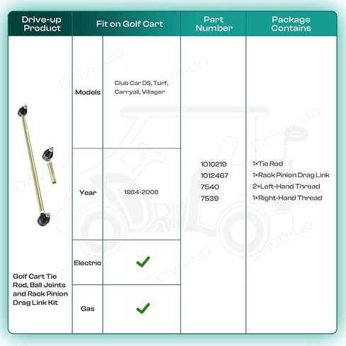 DRIVE UP Golf Cart Tie Rod, Ball Joints and Rack Pinion Drag Link Kit for Club Car DS, Turf, Carryall, Villager 1984-2008 Gas and Electric Golf Carts, OEM 1010219 1012467 7540 7539 in Kuwait