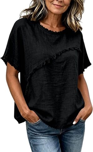 Linen Tops for Women Vintage Raw Edge T Shirts Cotton Linen Tops Casual Short Sleeve Shirt Loose Breathable Summer Tee in Kuwait
