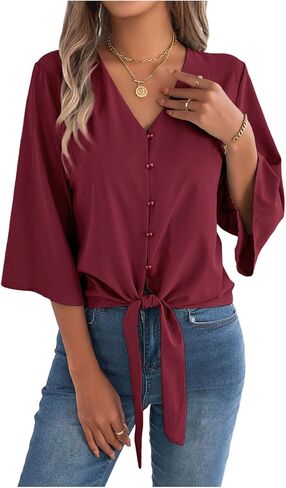 3/4 Length Sleeve Womens Tops Button V Neck Shirts Fashion 2026 Summer Tie Knot Casual Blouses Loose Fit Tshirts in Kuwait