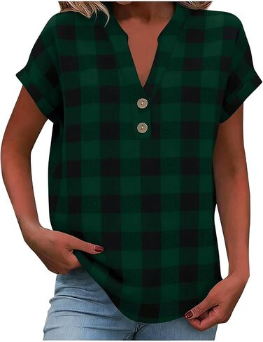 Linen Tops for Women Buffalo Plaid Shirts Henley Tops V Neck Dressy Casual Blouses Summer Trendy Shirts 2026 Vacation in Kuwait
