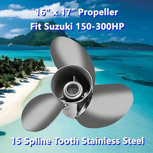 مروحة قارب خارجية من الفولاذ المقاوم للصدأ 16 × 17 لمحركات سوزوكي 150-300HP، 15 سنًا خددًا، 3 شفرات، 990C0-00810-17P، متوافقة مع سوزوكي 150HP 175HP 200HP 225HP 250HP 300HP، RH in Kuwait
