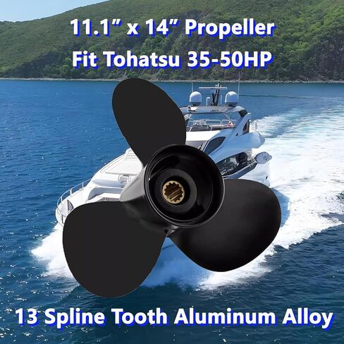 مروحة قارب خارجية من الألومنيوم 11.1 × 14 لمحركات Tohatsu 35-50HP، 13 سنًا، 3T5B64529-0، متوافقة مع Tohatsu 35HP 40HP 50HP، RH in Kuwait