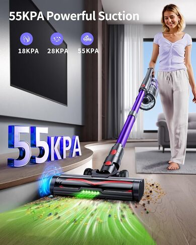 Cordless Vacuum Cleaner, 55KPa 650W Powerful Stick Vacuum for Home, 60Mins Runtime, 1.8L XL Dust Cup One-Touch Empty, Green LED Anti-Tangle Brush & Fragrance, for Pet Hair Carpet Hard Floor in Kuwait