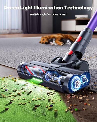 Cordless Vacuum Cleaner, 55KPa 650W Powerful Stick Vacuum for Home, 60Mins Runtime, 1.8L XL Dust Cup One-Touch Empty, Green LED Anti-Tangle Brush & Fragrance, for Pet Hair Carpet Hard Floor in Kuwait