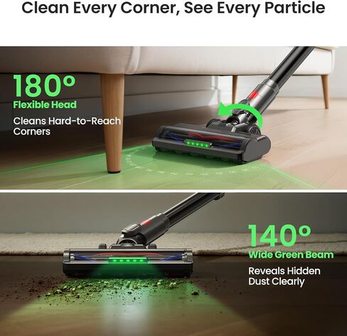 Xlife Cordless Vacuum Cleaner 45KPa 550W for Pet Hair & Multi-Surface Greenlight Reveal Dust 7-Stage HEPA Filter Long Runtime Anti-Tangle Roller Adjustable Stick Lightweight in Kuwait