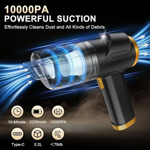 3-in-1 Cordless Handheld Vacuum Cleaner, 10KPa Car Vacuum and Air Duster,Type-C Rechargeable with Washable HEPA Filter and LED Light for Car Interior,Home,Office and Pet Hair in Kuwait