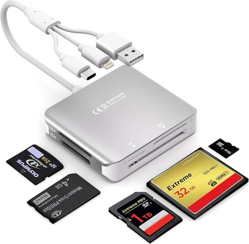 قارئ بطاقات XD، قارئ بطاقات SD مع Lightning/USB-C/USB-A، محول بطاقة SD/TF/XD 3 في 1 لأجهزة iPhone 16/15/14/13 وiPad وPC وAndroid وOlympus xd يدعم محول بطاقة الصور exFAT، التوصيل والتشغيل in Kuwait