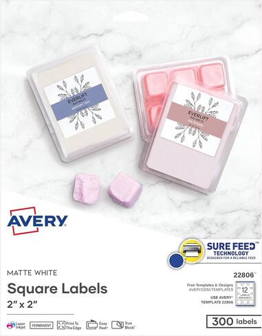 Avery Printable Square Labels, 2" x 2", Matte White, Laser & Inkjet Compatible, Great for Branding, Packaging, Events, and More (22806), 300 Blank Labels (Pack of 5) in Kuwait