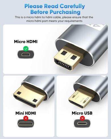 Micro HDMI إلى HDMI Cable 1ft 2-Pack ، 4K HDMI إلى Micro HDMI Cable Cable Cord 4K@60Hz ، 2K@165Hz ، 1080p ، HDR ، ARC ، 3D للكاميرا ، Raspberry PI 5/4 ، DSLR ، جهاز الكمبيوتر اللوحي ، المحبب in Kuwait