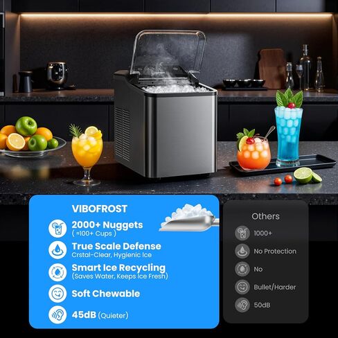 VIBOFROST Nugget Ice Makers Countertop with 1.32 Gallon Tank, 40 lbs/24H, Chewable Sonic Ice, Pellet Ice Machine with Auto Descaling System, Scoop Included, Stainless Steel in Saudi Arabia