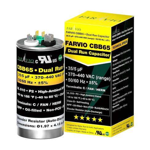 FARVIO-CBB65B-AC-Capacitor 35/5 MFD ±5% 370/440V Dual Run for AC/Heat Pump, DIY Replacement for HVAC-Capacitors, UL Recognized, High-Temp Rated 185°F, Auto Discharge, P2 Rated, Self-Healing in Kuwait