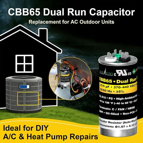 FARVIO-CBB65B-AC-Capacitor 35/5 MFD ±5% 370/440V Dual Run for AC/Heat Pump, DIY Replacement for HVAC-Capacitors, UL Recognized, High-Temp Rated 185°F, Auto Discharge, P2 Rated, Self-Healing in Kuwait