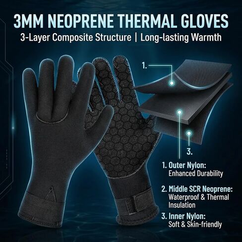 Fishing Gloves Men, 3mm Neoprene Waterproof Diving Gloves with Anti Slip Grip Black Scuba Gear, Winter Thermal Fishing Accessories for Swimming Snorkeling Surfing Paddling Sailing and Water Skiing in Kuwait