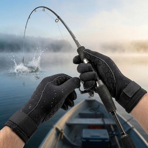 Fishing Gloves Men, 3mm Neoprene Waterproof Diving Gloves with Anti Slip Grip Black Scuba Gear, Winter Thermal Fishing Accessories for Swimming Snorkeling Surfing Paddling Sailing and Water Skiing in Kuwait