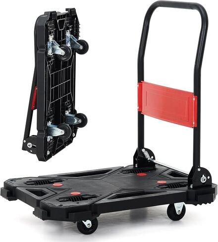 Garvee Folding Hand Truck, 1300 LBS Heavy-Duty Moving Dolly with 4 Wheels, Adjustable Handle, Easy Storage, Ideal for Garage Hauling, Shopping, Household & Office Transport，with Guard Rails, Black in Kuwait