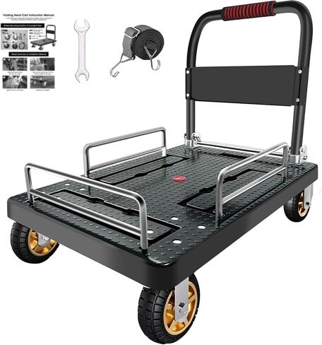 Garvee Folding Hand Truck, 1300 LBS Heavy-Duty Moving Dolly with 4 Wheels, Adjustable Handle, Easy Storage, Ideal for Garage Hauling, Shopping, Household & Office Transport，with Guard Rails, Black in Kuwait