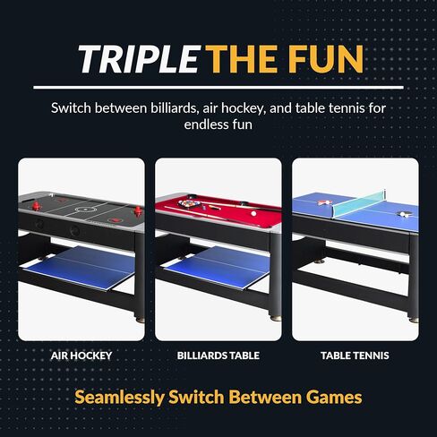 Hathaway Triple Threat Multi Game Table – Space-Saving Rotating Playfield for 6ft Pool Table, Air Hockey Table, & Table Tennis - 3 in 1 Game Table with Complete Accessories & Display Rack in Kuwait