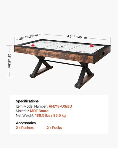 VEVOR 84" Air Hockey Table, Indoor Arcade Table Gaming Set with 2 Pushers, 2 Pucks, Electronic Scorer, X-Shaped Legs & High-Powered Blower, Air Powered Hockey Game Table for Family Game Room Office in Kuwait