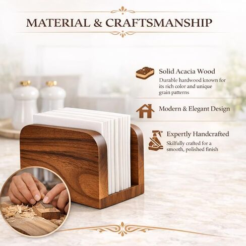 Acacia Wood Napkin Holder – Rustic Wooden Napkin Organizer for Kitchen, Dining Table, Picnic, Coffee Bar – Farmhouse Tabletop Dispenser for Square Paper Napkins in Kuwait