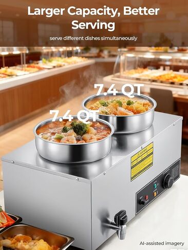 FOHERE شوربة أكثر دفئًا تجاريًا، 15QT Bain Marie Double Pot Warmer للمطعم، 1200 واط من الفولاذ المقاوم للصدأ سخان طعام محمول، التحكم الرقمي في درجة الحرارة (86-185 درجة فهرنهايت)، مضاد للحرق الجاف وزر إعادة الضبط in Kuwait