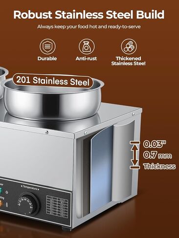 FOHERE شوربة أكثر دفئًا تجاريًا، 15QT Bain Marie Double Pot Warmer للمطعم، 1200 واط من الفولاذ المقاوم للصدأ سخان طعام محمول، التحكم الرقمي في درجة الحرارة (86-185 درجة فهرنهايت)، مضاد للحرق الجاف وزر إعادة الضبط in Kuwait