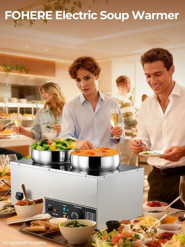 FOHERE شوربة أكثر دفئًا تجاريًا، 15QT Bain Marie Double Pot Warmer للمطعم، 1200 واط من الفولاذ المقاوم للصدأ سخان طعام محمول، التحكم الرقمي في درجة الحرارة (86-185 درجة فهرنهايت)، مضاد للحرق الجاف وزر إعادة الضبط in Kuwait