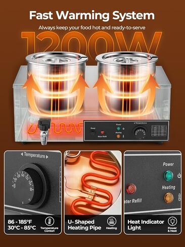 FOHERE شوربة أكثر دفئًا تجاريًا، 15QT Bain Marie Double Pot Warmer للمطعم، 1200 واط من الفولاذ المقاوم للصدأ سخان طعام محمول، التحكم الرقمي في درجة الحرارة (86-185 درجة فهرنهايت)، مضاد للحرق الجاف وزر إعادة الضبط in Kuwait