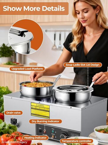 FOHERE شوربة أكثر دفئًا تجاريًا، 15QT Bain Marie Double Pot Warmer للمطعم، 1200 واط من الفولاذ المقاوم للصدأ سخان طعام محمول، التحكم الرقمي في درجة الحرارة (86-185 درجة فهرنهايت)، مضاد للحرق الجاف وزر إعادة الضبط in Kuwait