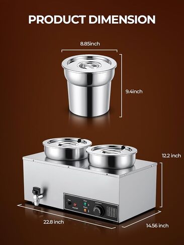 FOHERE شوربة أكثر دفئًا تجاريًا، 15QT Bain Marie Double Pot Warmer للمطعم، 1200 واط من الفولاذ المقاوم للصدأ سخان طعام محمول، التحكم الرقمي في درجة الحرارة (86-185 درجة فهرنهايت)، مضاد للحرق الجاف وزر إعادة الضبط in Kuwait