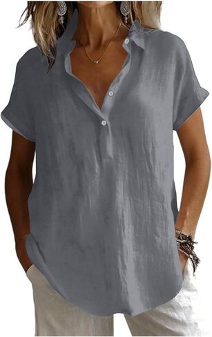 Linen Shirts for Women - Henley V Neck Collared Short Sleeve Tops Linen Button Down Casual Dressy Clothes Summer 2026 in Kuwait