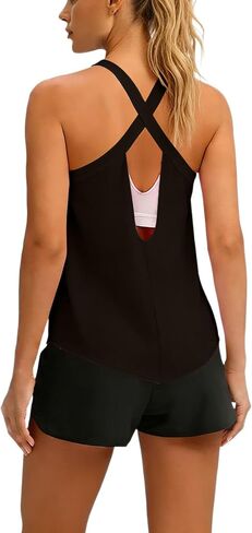 Womens Cross Back Workout Tank Tops Solid Color Stretchy Sports Breathable Camisole Gym Athletic Yoga Pilates Tops in Kuwait