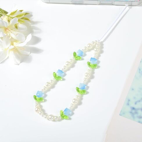 Beaded Phone Charms Cute Aesthetic Tulip Lanyard Strap Girl Wrist Chain, Phone Keychain Decoration for Wallet AirPods-Pink in Kuwait