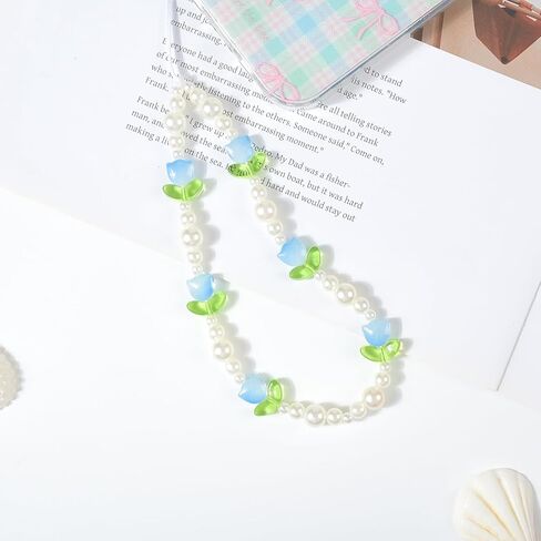 Beaded Phone Charms Cute Aesthetic Tulip Lanyard Strap Girl Wrist Chain, Phone Keychain Decoration for Wallet AirPods-Pink in Kuwait