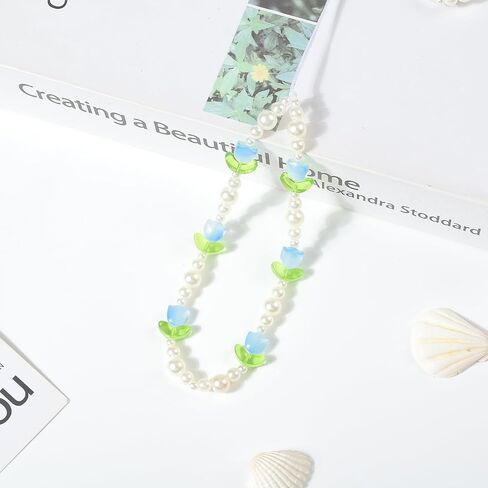 Beaded Phone Charms Cute Aesthetic Tulip Lanyard Strap Girl Wrist Chain, Phone Keychain Decoration for Wallet AirPods-Pink in Kuwait