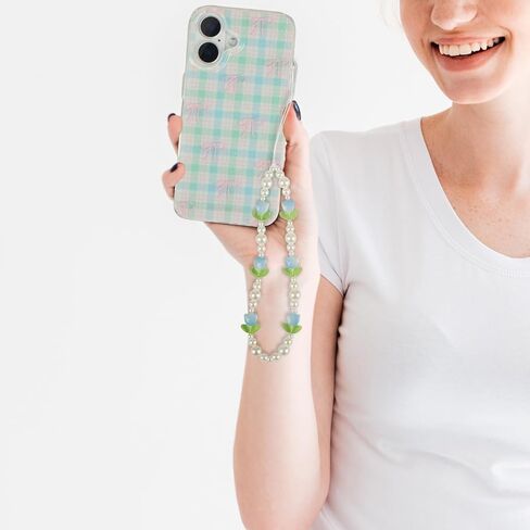 Beaded Phone Charms Cute Aesthetic Tulip Lanyard Strap Girl Wrist Chain, Phone Keychain Decoration for Wallet AirPods-Pink in Kuwait