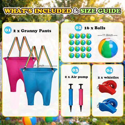 Granny Pants Yard Game with Colorful Suspenders for Adults, 2 Granny Pants 16 Bouncy Balls 2 Pumps 2 Whistles, Fun Outdoor Game for Family Party, Field Days, Camping in Kuwait
