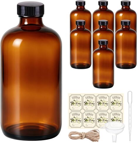 8 Pack 16oz Amber Glass Bottles with Caps and Labels - Large Boston Round Syrup Bottles for Elderberry, Liquid Supplements, Kombucha & Vanilla Extract - Airtight & Leakproof Apothecary Bottles in Kuwait