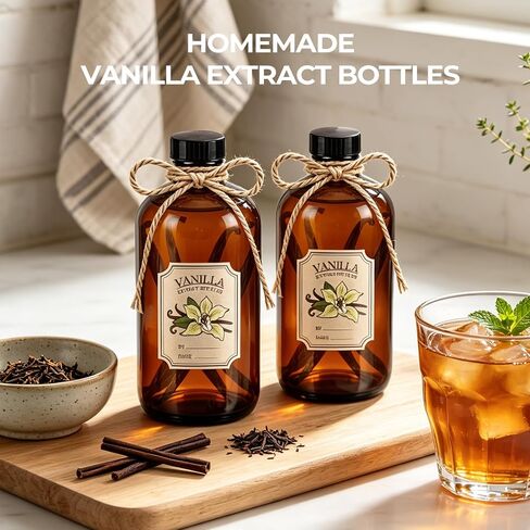 8 Pack 16oz Amber Glass Bottles with Caps and Labels - Large Boston Round Syrup Bottles for Elderberry, Liquid Supplements, Kombucha & Vanilla Extract - Airtight & Leakproof Apothecary Bottles in Kuwait