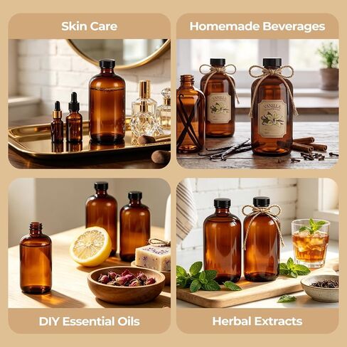 8 Pack 16oz Amber Glass Bottles with Caps and Labels - Large Boston Round Syrup Bottles for Elderberry, Liquid Supplements, Kombucha & Vanilla Extract - Airtight & Leakproof Apothecary Bottles in Kuwait