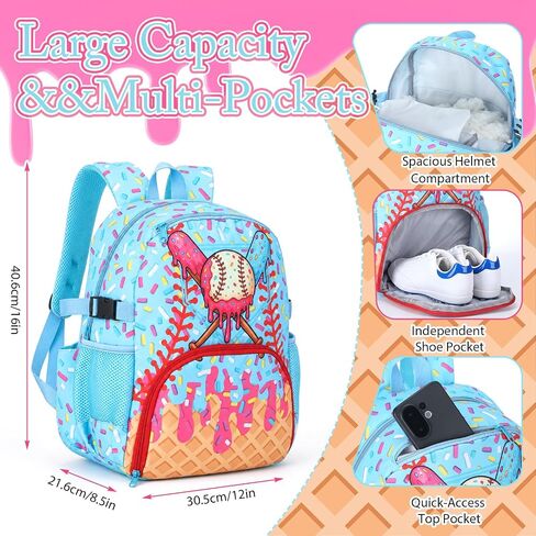 Shinylin Ice Cream Drip Baseball Backpack with Shoes Compartment Softball Sports Bag Party Gifts for Youth Back to School in Kuwait