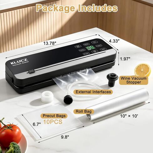 85kPa Vacuum Sealer Machine, Compact Vacuum Sealer for Food, LCD Display, Moist/Dry, Pulse, Seal Modes, with Extra Vacuum Seal Bags and Wine Vacuum Stopper,Black in Kuwait