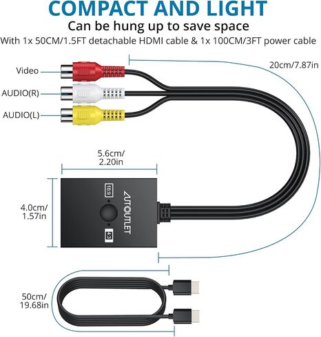 محول AUTOUTLET RCA إلى HDMI، محول AV إلى HDMI مع مفتاح نسبة عرض إلى ارتفاع 4:3/16:9، يدعم 1080P/720P، يتضمن كابل HDMI بطول 1.5 قدم لوحدات تحكم الألعاب القديمة (PS1، PS2، Wii، N64) in Kuwait