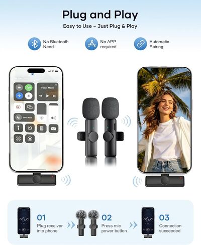 مجموعة ميكروفون SUDEHO USB-C اللاسلكي Lavalier، ميكروفونان مع تقليل الضوضاء في الخلفية، لا حاجة إلى الاقتران لنظام Android (أسود فحمي) in Kuwait