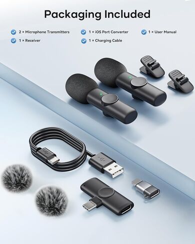 مجموعة ميكروفون SUDEHO USB-C اللاسلكي Lavalier، ميكروفونان مع تقليل الضوضاء في الخلفية، لا حاجة إلى الاقتران لنظام Android (أسود فحمي) in Kuwait