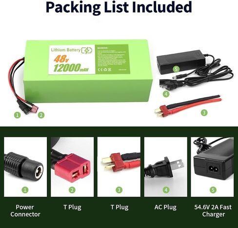بطارية 48 فولت، بطارية ليثيوم أيون 20 أمبير مع 30 أمبير BMS، أسلاك T-Plug، حافظة خارجية مقاومة للماء من PVC لمشاريع DIY 200-1000 واط (48 فولت 20 أمبير) in Kuwait