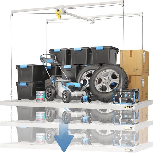 Overhead Garage Storage Rack – 4x8 FT Garage Ceiling Storage Racks with Safety Lock, Heavy-Duty Ceiling Mounted Lift System and Storage Organizer, Ideal for Maximizing Overhead Space, 325 lbs Capacity in Kuwait