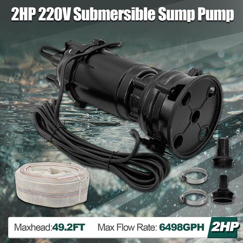 مضخة مستنقع غاطسة 2HP 220 فولت مضخة مياه الصرف الصحي/النفايات السائلة من الحديد الزهر مع مفتاح تعويم وخرطوم 66 قدم، تفريغ 2 بوصة NPT، 6498GPH، 1500 وات in Kuwait