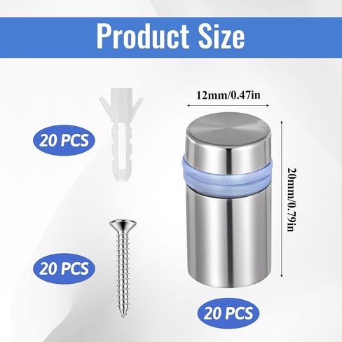 20 Sets Standoff Screws for Acrylic Floating Frame, 1/2 x 3/4 inch Brushed Stainless Steel Wall Spacers, Rustproof Sign Mounting Hardware for DIY Dry Erase Board, Office Nameplate, Glass Art in Kuwait