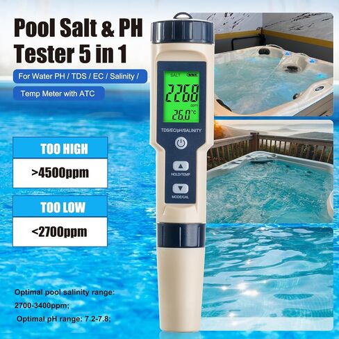 Pool Salinity Tester & pH Meter,Digital 5-in-1 Water Meter (Salt, pH, Temp, EC and TDS) -High Accuracy, Suitable for Swimming Pools, Hot Tubs, Aquariums,Hydroponics and Drinking Water in Kuwait